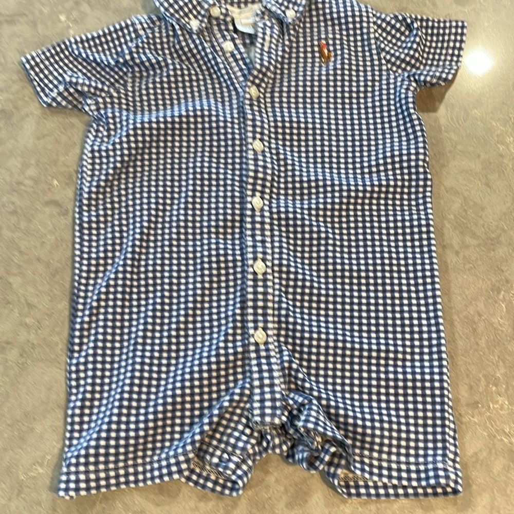 Infant boys boys romper small blue check nylon stretch 18 months